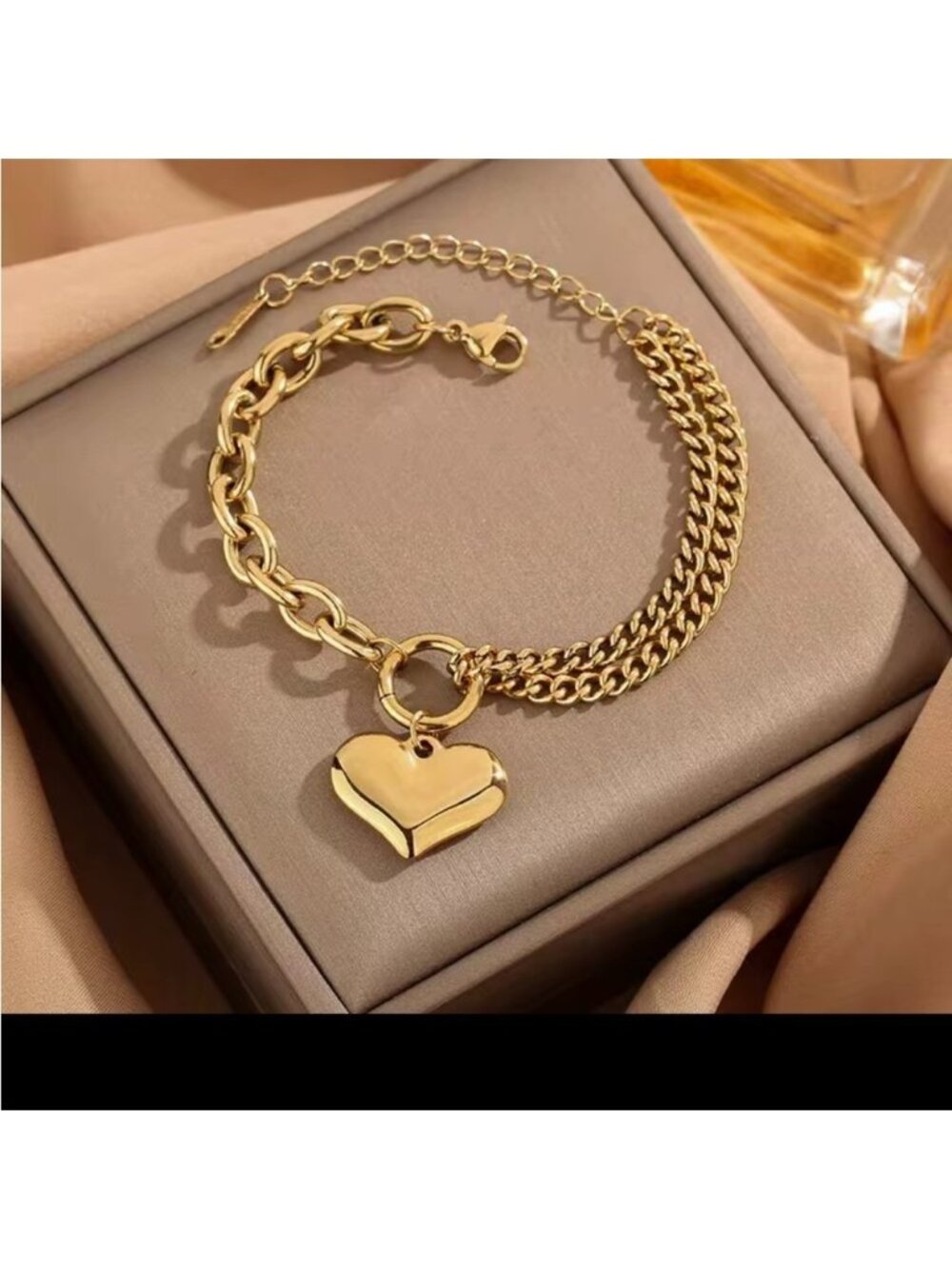 18K Gold color Heart Charm Bracelet – Romantic Chain Link Adjustable Jewelry